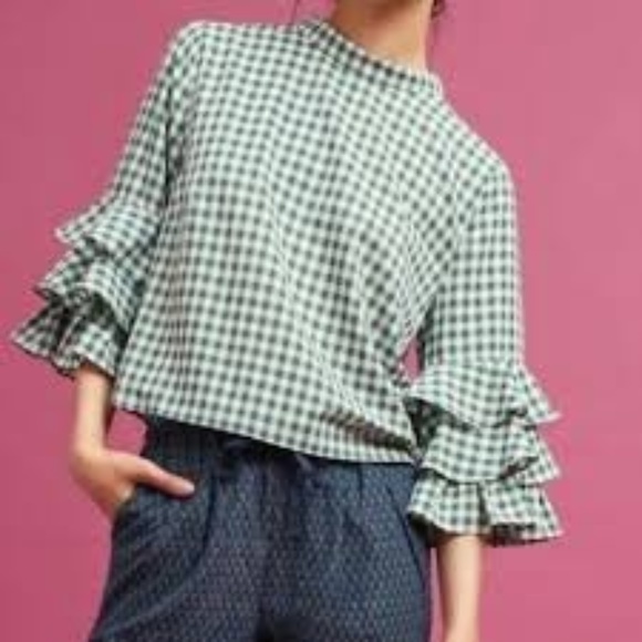Anthropologie Tops - Anthropologie Green Gingham Ruffled Top